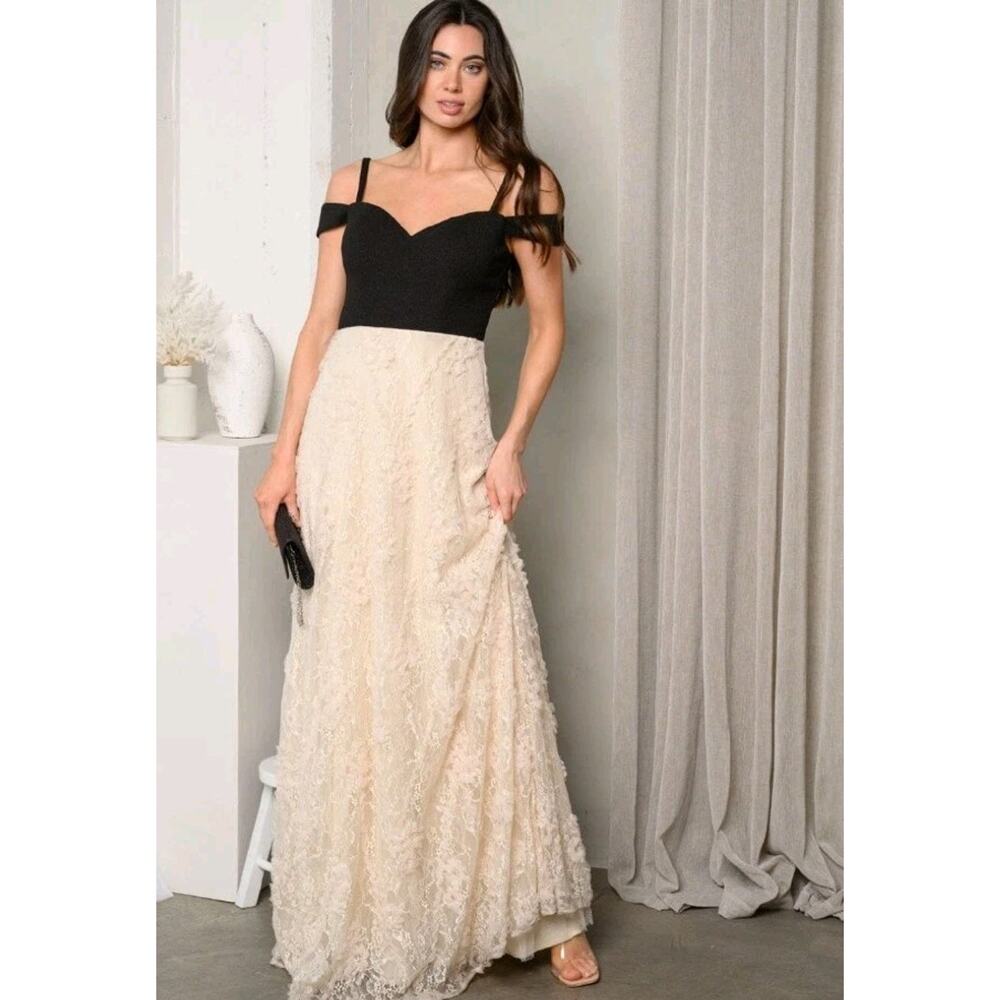 Maniju Evening Formal Dress sz L Black Bodice Ivory Lace Skirt Bridesmaid Party